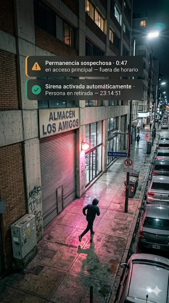 Comercio protegido: cámara nocturna detecta permanencia sospechosa de 0:47, sirena activada automáticamente, persona en retirada a las 23:14