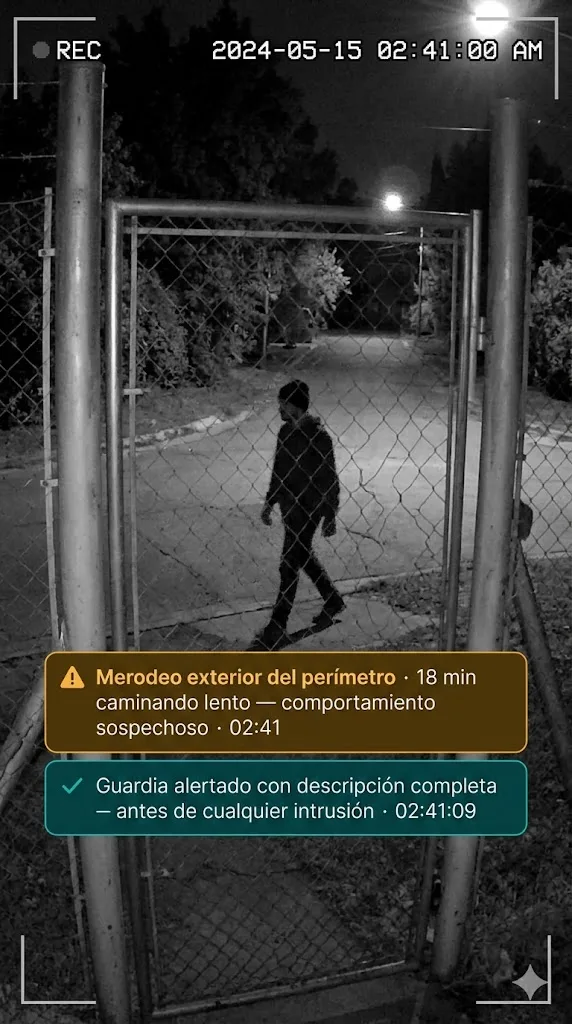 Barrio privado: cámara IR detecta persona merodeando el exterior del perímetro durante 18 minutos — alerta al guardia antes de cualquier intrusión