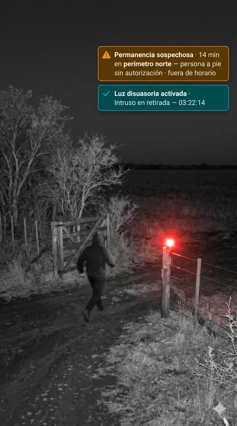 Campo rural: cámara IR detecta intruso en perímetro norte tras 14 minutos de permanencia sospechosa, luz disuasoria activada